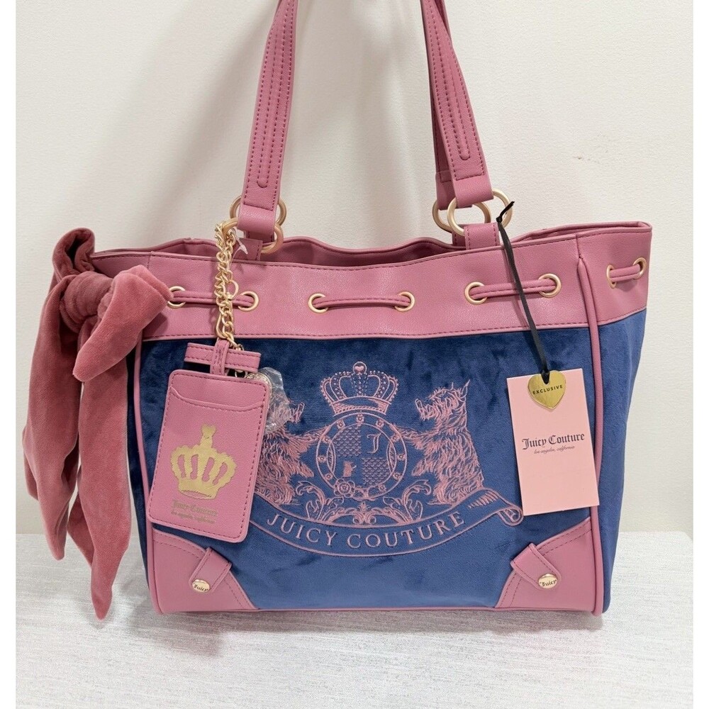 Juicy Couture Classic Scottie Dogs Daydreamer Tote Bag Blue Chateau Pink Bow NWT